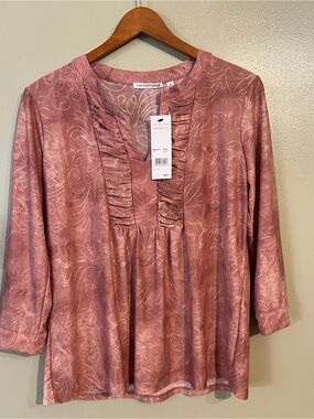 Notations Collection Women’s Rose Pink Ruffled V-Neck Blouse Y2K S NWT